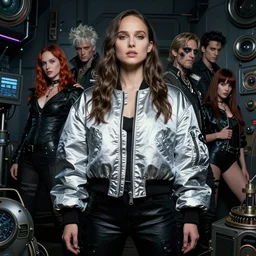 beautiful fantasy character portrait, natalie portman, wearing oversized silver and black bomber jacket, ultra realistic, wide angle, seductive pose, cyberpunk artifacts, highly detailed by peter mohrbacher, hajime sorayama, wayne barlowe, boris vallejo, aaron horkey, gaston bussiere, craig mullins