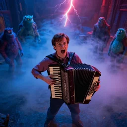 dwight schrute playing the accordion and yelling, dramatic scene, heavy blue fog, red lightning, ultra wide angle, movie still, photorealistic, stranger things, netflix, upside - down, colorful lighting, grainy, aerial shot, shot from above, movie still, monsters in background holding back