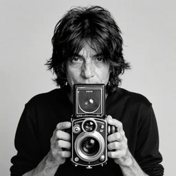 photo of Keith Richards by Diane Arbus, black and white, high contrast, Rolleiflex, 55mm f/4 lens