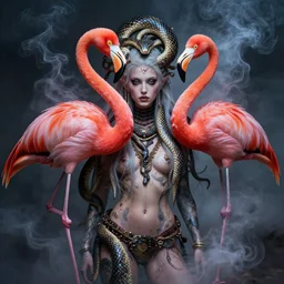 a detailed portrait of dreampunk goddess ( flamingo ) ( python ) hybrid mix beautiful! ( ( smoke ) ) by tomasz alen kopera and peter mohrbacher