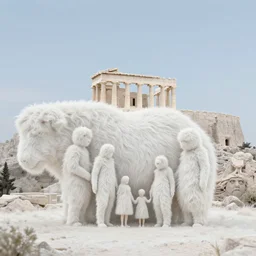 realistic documentary landscape photo of the family morphing into a big white fluffy hairy acropolis, in the wooden and fancy expensive wooden room interior, neutral colors, 1 9 9 0, life magazine reportage photo