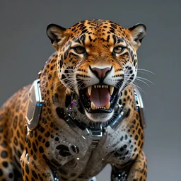 portrait of a cyberpunk cyborg jaguar animal snarling, octane render