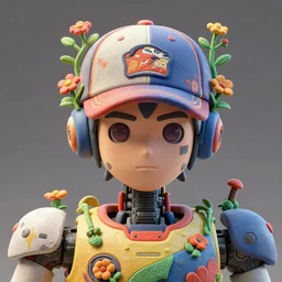 colourful - 3 d vfx art - portrait of a mecha robot wearing a baseball cap with vines & flowers growing from under the cap, art style by tenmyouya hisashi & utagawa kunisada, concept art, unreal engine render, digital illustration, claymation, sharp, intricate detail, volumetric light, ray tracing, soft light, symmetric, pinterest, artstation, behance,