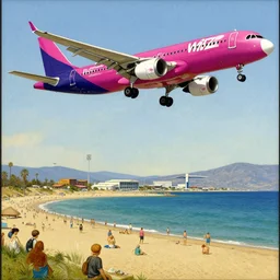 an illustration of wizzair airbus a 3 2 1 neo landing at skiathos airport, low over the heads of the people on the beach, highly detailed, art by by alphonse mucha