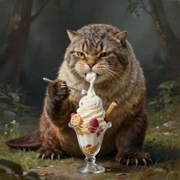 high fantasy painting of a cat dressed as a walrus eating an ice cream sundae