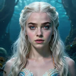 Daenerys Targaryen as a mermeid with a piercing gaze wearing a shell bikini in an underwater magical forest, highly detailed face, realistic face, beautiful detailed eyes, fantasy art, in the style of Joel Santana, illustration, epic, fantasy, intricate, hyper detailed, artstation, concept art, smooth, sharp focus, ray tracing, vibrant, photorealistic