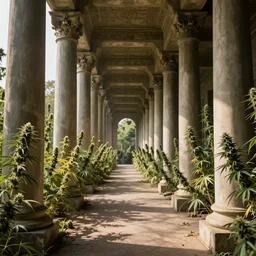 a hallway lined with tall columns surrounded by marijuana flowers and plants