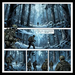 no border 3 panel graphic novel layout the temperate forest icy cryogenic tears of hyperspace loneliness small unit tactics behind enemy lines littoral combat photorealistic graphic novel layout by michael komarck, greg rutkowski, victo ngai, artgerm, willem claesz heda and j. dickenson roger deakins john seale syd mead