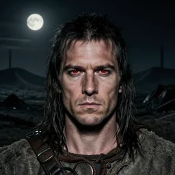 close up photograph of a man with dark hair, red eyes, and barbarian clothing standing in a very dark nuclear wasteland with hills and a black sunless sky