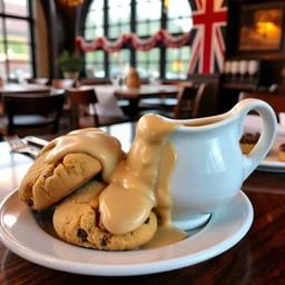 cookies and gravy, served at a british - themed restaurant