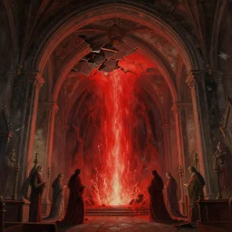 a chapel's ceiling is broken in half as a red magical portal from hell opens up there. highly detailed painting by gaston bussiere, greg rutkowski, craig mullins 8 k