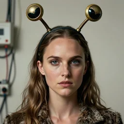 Natalie Portman, wearing alien antennae headband, very detailed portrait, ultrarealistic, dramatic lighting, electrical details, high details, 4k, 8k, best, accurate, trending on artstation, fur, artstation, photorealism, ultrarealistic, digital painting, style of Dali, Caravaggio, Boris Vallejo