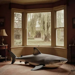 a giant shark on the floor inside of a warmly - lit victorian - era home, looking out the window into a large front yard populated with willow trees, faded daguerreotype, 1 9 1 0 s photography brian skerry paul fusco
