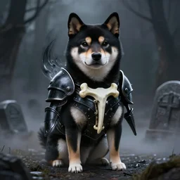 bone armor black armor, anthropomorphic shiba inu, shiba inu face, stuning 3 d render, masterpiece, glowing black aura, foggy dark graveyard, by donato giancola and greg rutkowski and wayne barlow and zdzisław beksinski, realistic face