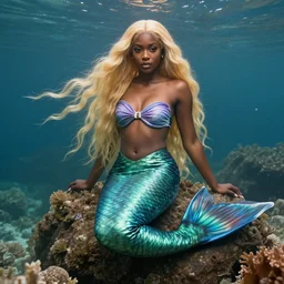 a black woman with long blonde hair, mermaid, 4K,