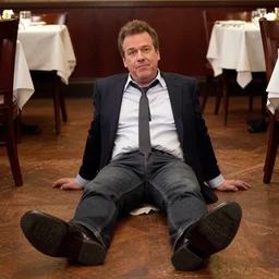 andy richter in a restaurant laying belly first on the floor