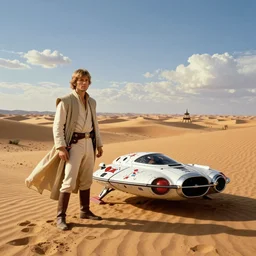 beautiful wide shot tatooine landscape, obi wan kenobi, Luke skywalker, landspeeder Star Wars a new hope 1977, studio ghibli, Miyazaki, Greg rutkowski, Jean girard, Moebius , animation, golden hour, highly detailed, hdr, vivid color, 70mm