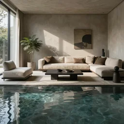 a wabi sabi living room with the floor made of water