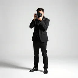elegant photographer with camera, high detail digital art, full body, standing, isolated on a pure white background, centered, whole figure in frame, sharp focus, studio lighting