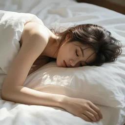 beautiful sleepy young woman with messy hair lying in bed covered by pure white sheets, sunrays, focus, sharp, 4k, high quality photograph