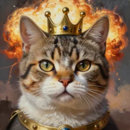 ultra realist soft painting of a nuclear bomb explosion, a humanoid cat king with a crown, partial symmetry accurate features, very intricate details, focus, curvy, award winning, artstyle tom bagshaw