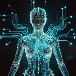 symmetry!! a 2 8 mm macro photograph of a beautiful cyborg covered in glowing circuits, photography, film, film grain, canon 5 0 mm, cinematic lighting