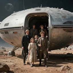 detailed film still from a sci fi blockbuster movie made in 2022, set in 1860, of a family leaving a spaceship, that has just landed on an alien planet, wearing 1850s era clothes, good lighting, 4k, HD, in focus