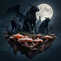 ancient creatures, by gediminas pranckevicius, by james gilleard, dark shadows, full moon, night, moonlight, woodblock, split - complementary - colors, polished, tremella - mesenterica, mycelium, on a floating island