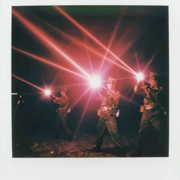 analog vintage photography portrait polaroid of ww 1 soldiers firing lasers, brigjt lasers, lensflare, red color bleed, heavy film grain, bloom, glow