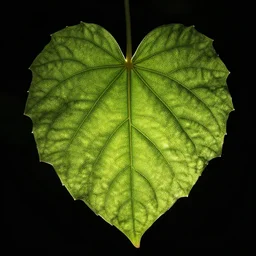 realistic photo of texture of a one big glowing leaf, dark background, full leaf is visible, very sharp focus, in the style of greg rutswoski, very hyper realistic, highly detailed, fantasy art station