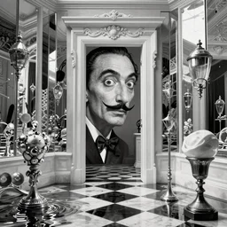 hyperrealistic random objects in a surreal dreamscape environment by salvador dali, highly detailed, 3 d render, vray, octane, beautiful lighting, photorealistic, black and white, intricate, elegant, wayne barlowe, water, mirrors, doorway, beautiful, masterpiece, trending on artstation, artgerm, checkered floor