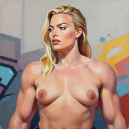 greg manchess portrait painting of margot robbie as beautiful thick very muscular roided zarya from overwatch, wide roided face, medium shot, asymmetrical, profile picture, organic painting, sunny day, matte painting, bold shapes, hard edges, street art, trending on artstation, by huang guangjian and gil elvgren and sachin teng