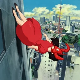 a woman in a red dress wearing a red lobster mask falling from a building in Tokyo , film still from the an anime directed by Katsuhiro Otomo with art direction by Salvador Dalí, wide lens