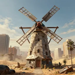 a beautiful detailed highly detailed windmill urbex by cesar pelli, matte painting liberty city junglepunk dieselpunk universe desert assassin's creed apocalyptic, archdaily, wallpaper, highly detailed, trending on artstation.