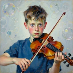 portrait of a young boy with violin focusing, painted by vincent lefevre and hernan bas and pat steir and hilma af klint, psychological, symmetrical face, dripping paint, washy brush, background with hundreds of bubbles of memories by andreas gursky, rendered in octane, altermodern, masterpiece