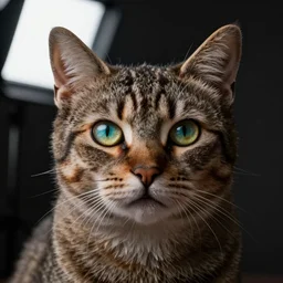 a cat with hypnotic eyes. octane renderer. extreme detail. dark background. dramatic light. softbox. 8 k.