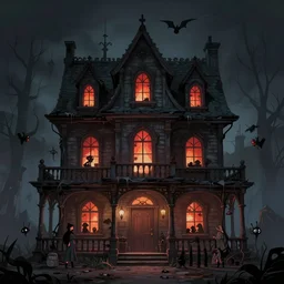 hyperreal haunted house, extremely detailed, sharp focus, wide view, full body shot, smooth, digital illustration, by james jean, by rossdraws, frank franzzeta, mcbess, sakimichan, brosmin, danton fadeev, steve simpson