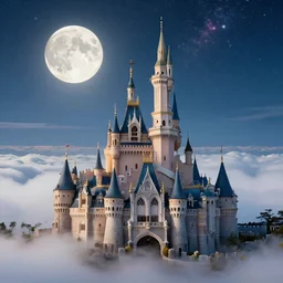 a photorealistic portrait, stunningly beautiful hyperdetailed castle above the clouds, professionally retouched, soft lighting, hyperrealistic, hyperdetailed towers, beautifully detailed colorful starry sky, big bright moon, wide angle, sharp focus, 8 k high definition, 6 4 megapixels, insanely detailed, stunningly beautiful