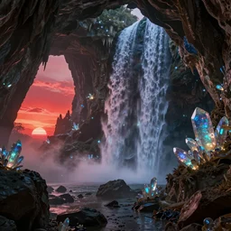 a beautiful and stunning digital render of a humongous opal cave, dimly glowing crystals, haze, waterfall, volumetric lighting, photorealistic, red sky, sunset, unreal engine 5, ultra detail, trending on artstation