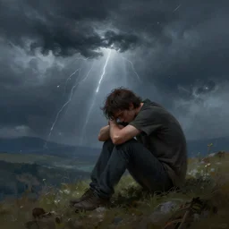 a regretful man on a hill and storm is coming, digital painting, futured, ultra detailed