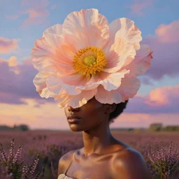 closeup, huge flower on head, an african woman in heather field, surreal photography, golden hour, colorful clouds, impressionist painting, digital painting, artstation, simon stalenhag