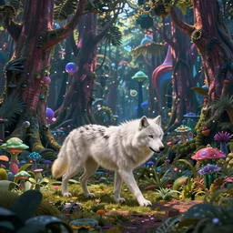 a realistic white wolf, walking through a psychedelic forest, wide angle landscape shot, pixar style by tristan eaton stanley artgerm and tom bagshaw