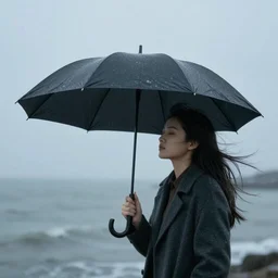 strong wind, brain holds umbrella