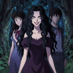 makoto shinkai, yoji shinkawa, ilya kuvshinov, rumiko takahashi, pretty woman vampire, sharp teeth, evil smile, dress, symmetrical eyes, symmetrical face, long curly black hair, trees, forest, night, scary, blood