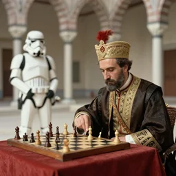 ottoman sultan playing chess with a stormtrooper in the topkapi palace, photo from 1870s, extremely realistic