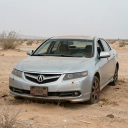 a wrecked 2 0 1 1 acura tsx v 6, abandoned in a desert, dusty, damaged, some rust