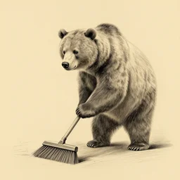 bear cleaning the floor, holding a broom, sweeping, pencil sketch