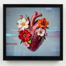 a real heart with flowers, inside a screen. Glitchy. By jenny saville