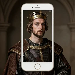 a portrait of a medieval king using an iPhone