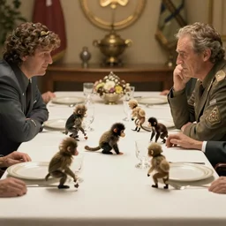 cinematography of a tiny war happening on a dining table between militarized bush babies. by Roger Deakins